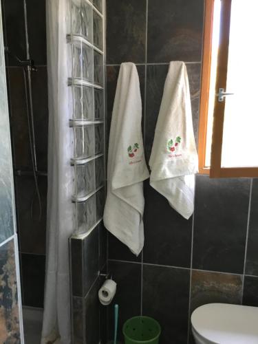 baño con toallas blancas colgadas en la pared en Villa la Cerisaie., en Reynès