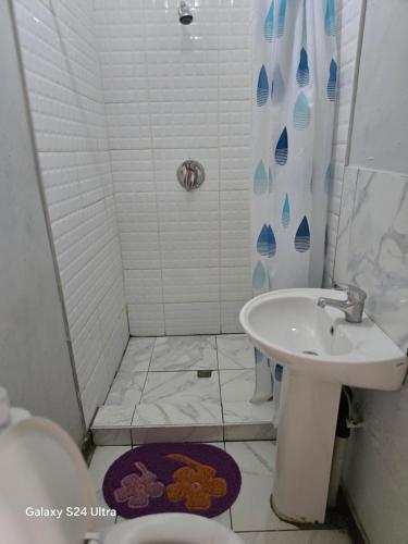 a small bathroom with a sink and a shower at DREAMLAND GUEST HOUSe in Mahikeng