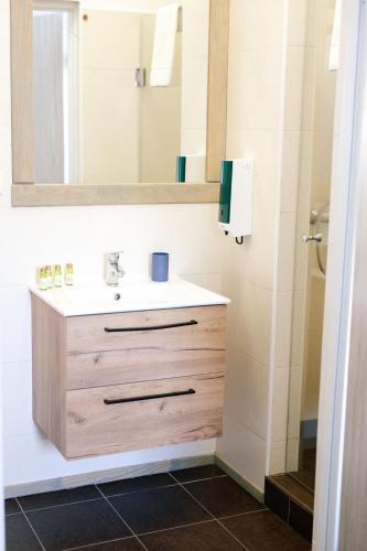 a bathroom with a sink and a mirror at Pod Sową in Sokolec