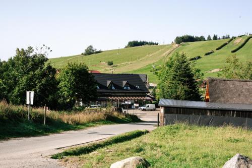 ein Haus an der Seite einer Straße mit einem Hügel in der Unterkunft Pod Sową in Sokolec