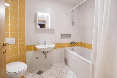 a bathroom with a toilet and a sink and a tub at 2 bedrooms apartement with furnished balcony and wifi at Basanija 2 km away from the beach in Bašanija