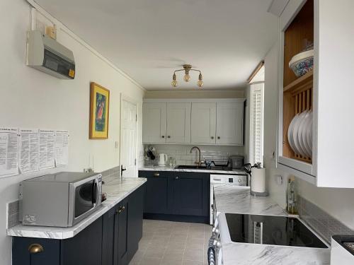 a kitchen with a sink and a microwave at Victorian cottage overlooking the Plym Valley in Bickleigh