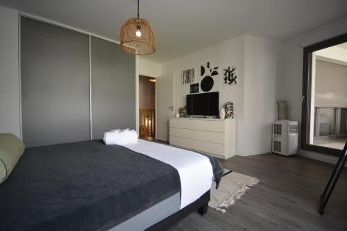1 dormitorio con 1 cama grande y TV en Appartement Duplex équipé 12 mn saint Lazare et 15mn stade de France, en Colombes