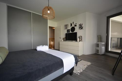 a bedroom with a large bed and a television at Appartement Duplex équipé 12 mn saint Lazare et 15mn stade de France in Colombes