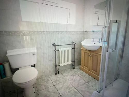 a bathroom with a toilet and a sink at Geneva Cottage Darlington in Darlington