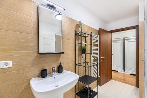 a bathroom with a sink and a mirror at Alpin Clabucet Studio in Predeal