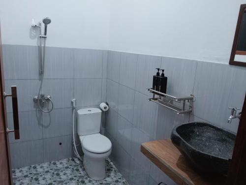 a bathroom with a shower and a toilet and a sink at Jepun Homestay Lemukih in Singaraja