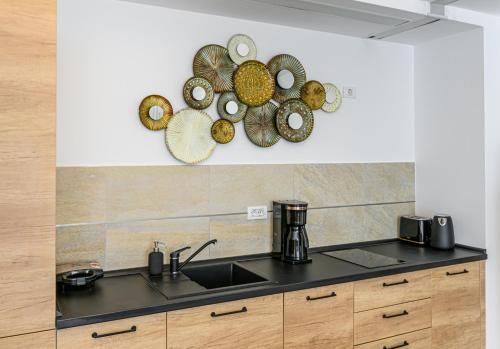 a kitchen with a sink and plates on the wall at Clabucet Alpin Studio in Predeal