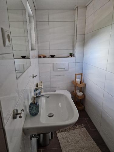 a white bathroom with a sink and a mirror at Ferienhaus Reschwitzer Auszeit in Saalfeld