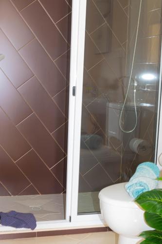 a bathroom with a toilet and a glass shower door at Beauty Plaza Suites in Santa Maria