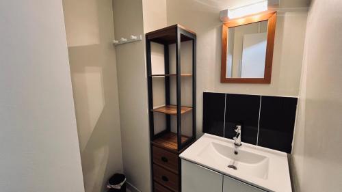 une salle de bain avec un lavabo et un miroir dans l'établissement Appartement des becs, convivialité marine, à Saint-Hilaire-de-Riez