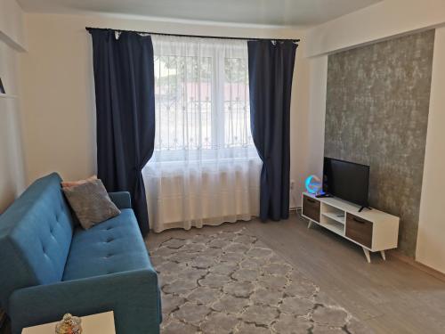 a living room with a blue couch and a television at Serene Home in Mediaş