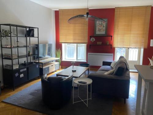 un salon avec un canapé et une table dans l'établissement Logement complet de charme - Metz Cathédrale, à Metz