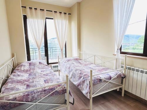 Un dormitorio con dos camas y una gran ventana. en Canyon View Dsegh, en Tumanyan