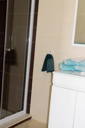 a bathroom with a shower and a blue hat on a counter at Beauty Plaza Suites in Santa Maria