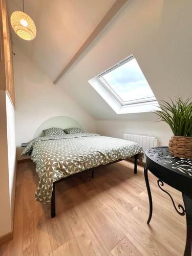 une chambre avec un lit dans une pièce avec une fenêtre dans l'établissement Le Jardin des Plantes, à Calais