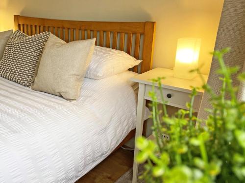 - une chambre avec un lit et une lampe sur une table de chevet dans l'établissement 1 Bed in Tenby 89847, à Penally