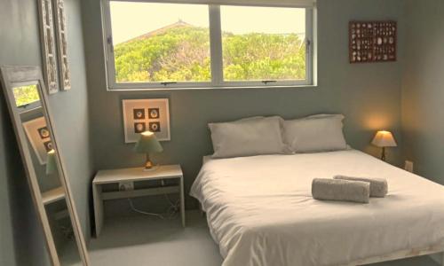 ein Schlafzimmer mit einem großen Bett mit Fenster in der Unterkunft Betty's Bay Cottage in Bettyʼs Bay