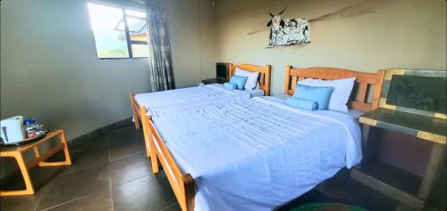 a bedroom with a large bed with blue pillows at Sobantu Guest Farm in Piggs Peak