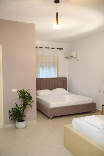 a bedroom with a bed and a potted plant at TekB Rooms & Apartments in Vlorë