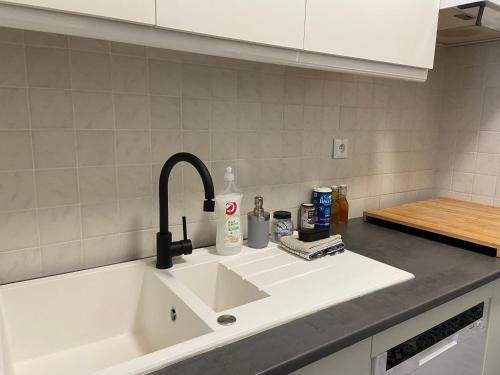 a kitchen counter with a sink in a kitchen at Les Bleuets Hyper centre 1 chambre in Boulogne-sur-Mer