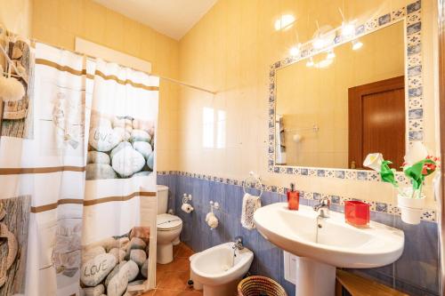 a bathroom with a sink and a toilet and a mirror at Casa rural Montemayor in Moguer