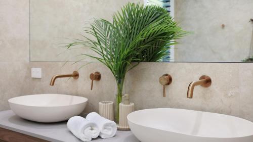 a bathroom with two sinks and a potted plant at Saltwater Creek - Wombat Hollow in Bundannon