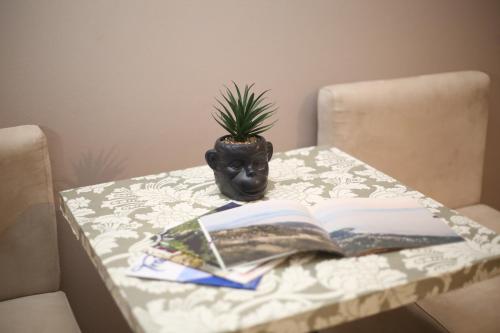 a table with a book and a vase with a plant on it at TekB Rooms & Apartments in Vlorë