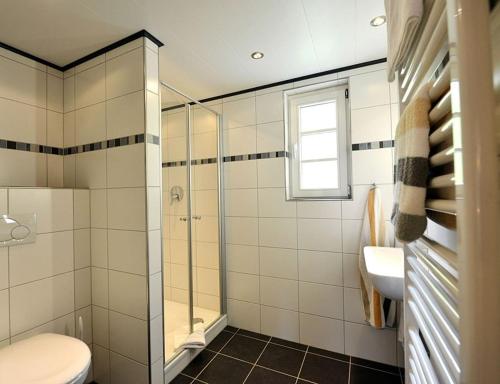 a bathroom with a toilet and a shower and a sink at Winzerschenke in Beilstein