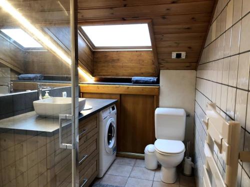 une salle de bain avec toilettes et lavabo et une machine à laver dans l'établissement Stunning Mountain Village Apartment Fabulous Views, aux Contamines-Montjoie