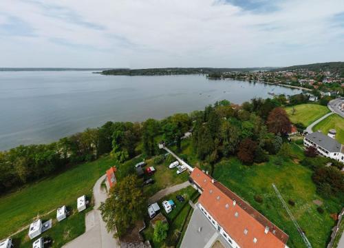 an aerial view of a large body of water at Lake house with sun terrace for 8 guests in Herrsching am Ammersee