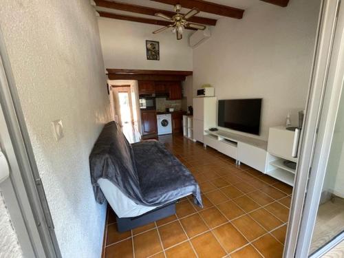 un salon avec un canapé et une télévision à écran plat dans l'établissement appartement bord de mer Martigues, à Martigues