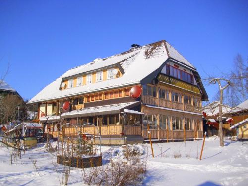 uma grande casa de madeira com um telhado coberto de neve em Beautiful apartment in a Black Forest house with conservatory em Bernau im Schwarzwald