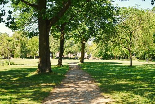 a path in a park with trees and grass at Het Knechthuys in Baarlo