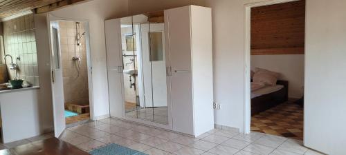 a bathroom with a walk in shower and a mirror at PomaloVilla at Gradina Cove in Vela Luka