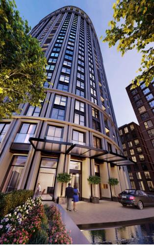 ロンドンにあるOne bedroom Luxury Apartmentの高層ビル