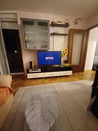 sala de estar con TV y sofá en Apartman JAGODA en Varaždin