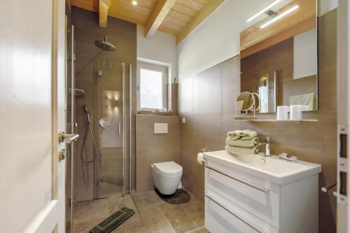uma casa de banho com um WC, um chuveiro e um lavatório. em Waldwasserhaus Leisel em Leisel