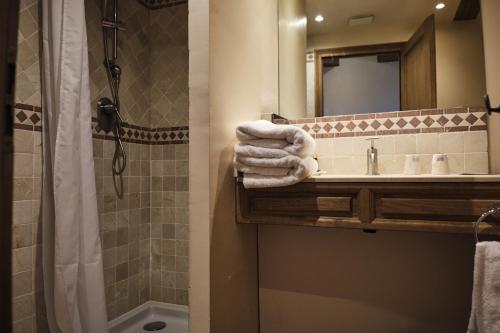 een badkamer met een wastafel, een douche en een spiegel bij Hostellerie de la Tour d'Auxois in Saulieu