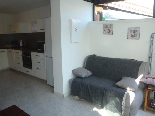 un salon avec un canapé et une cuisine dans l'établissement VILLA 3 PCES MEZ 48m2 + TERRASSE 7m2 REF 4034, à Le Castellas