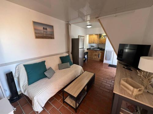 un salon avec un canapé et une table dans l'établissement Maisonnette 2 Pièces, 4 Pers, Face Mer, Clim, Parking - FR-1-81-597, à Leucate