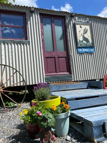 a tiny house with a red door and some flowers at The Hares Hut at Carrigeen Glamping in Kilkenny