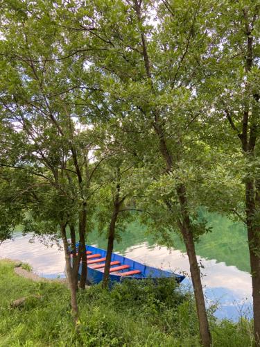 a blue and red boat sitting on the water at Agora Farmhouse in Koman