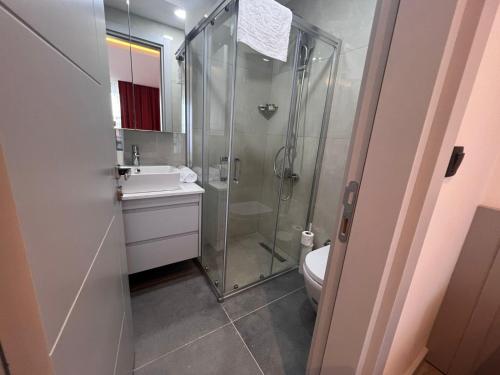 a bathroom with a shower and a toilet and a sink at Ulu Panorama Residence in Alanya