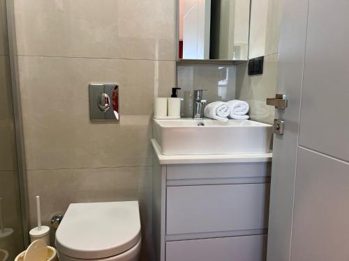 a bathroom with a sink and a toilet at Ulu Panorama Residence in Alanya