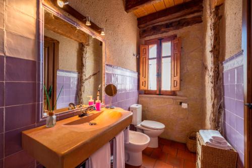 La salle de bains est pourvue d'un lavabo, de toilettes et d'un miroir. dans l'établissement Los Lebreles Namaste I y II, desconecta en las Hoces del Duratón, à Hinojosas del Cerro