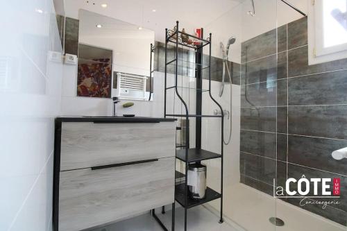 une salle de bain avec un lavabo et une douche dans l'établissement Amphore bis, à Sausset-les-Pins