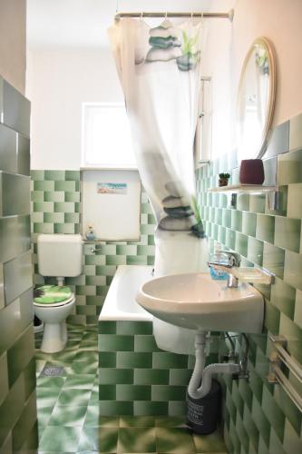 La salle de bains est pourvue d'un lavabo et de toilettes. dans l'établissement Apartman Miki, à Fažana