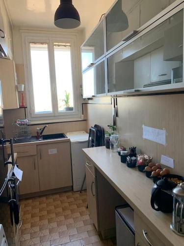 - une cuisine avec un comptoir dans l'établissement Lumineux et spacieux à 4 min de Montparnasse, à Malakoff