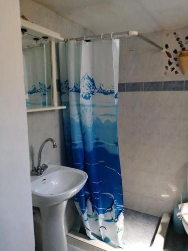 La salle de bains est pourvue d'un lavabo et d'un rideau de douche. dans l'établissement Welcome to Giouli's home !, à Elafonisos